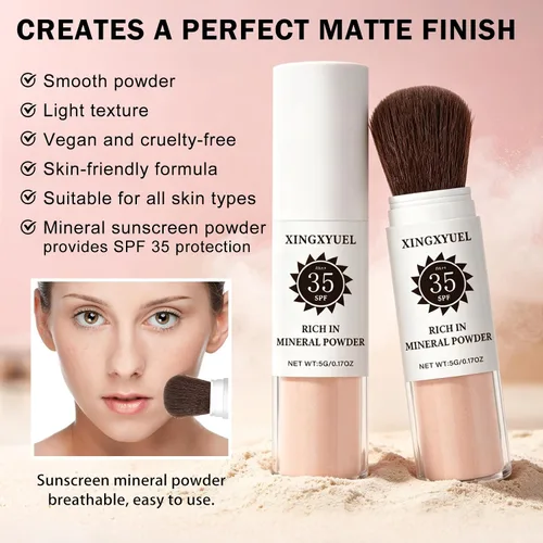 Miniatura 4 de Polvo de ajuste de protector solar mineral para cara y cuero cabelludo, SPF 35 polvo mineral cepillo protector solar control de aceite acabado mate