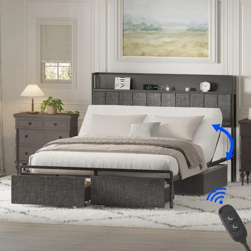 FLEXISPOT Cama ajustable Queen con cabecera de almacenamiento, estación de carga, inclinación de la cabeza, iluminación LED, cajones de