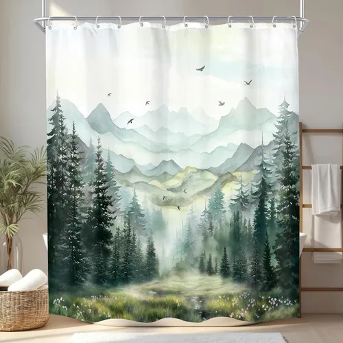 Miniatura 12 de KOMLLEX Cortina de ducha de montaña azul para decoración de baño, 72 pulgadas de ancho x 72 pulgadas de alto, rústico, acuarela, bosque, pino