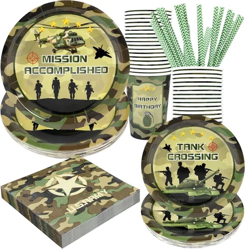 Recheel Suministros para fiesta temática del Ejército de cumpleaños, juego de platos y servilletas de papel con temática de camuflaje para 24 Militar