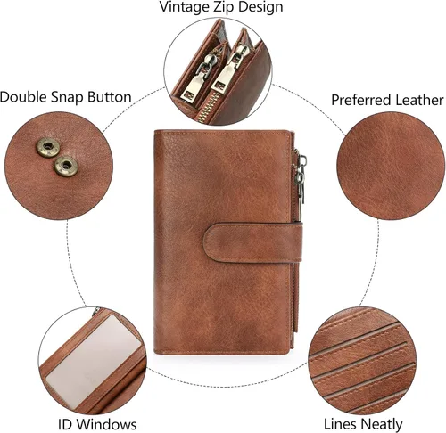 Miniatura 7 de GOIACII - Carteras para mujer con bloqueo RFID para tarjetas de crédito y 2 bolsillos con cremallera, cartera de cuero con 3 ventanas