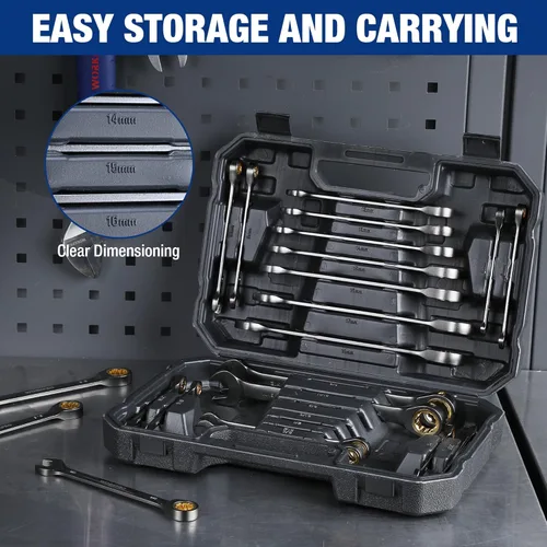Miniatura 6 de WORKPRO Juego de llaves de trinquete de 22 piezas, juegos de llaves combinadas de trinquete con caja organizadora, niquelado, 72 dientes, métricas