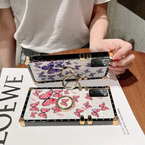 Miniatura 13 de Funda de mariposa con soporte de anillo para Galaxy Z Flip 3 para mujeres y niñas, diseño de caja cuadrada de lujo, diseño de mármol brillante