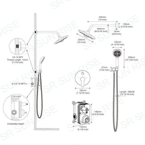 Miniatura 9 de SR SUN RISE Grifo de ducha – Sistema de cabezal de ducha multifuncional de alta presión de 10 pulgadas con accesorios de cabezal de ducha de mano