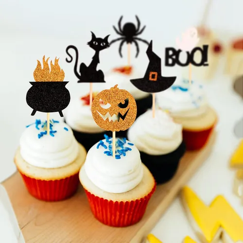 Miniatura 4 de Ercadio Paquete de 36 adornos para cupcakes de Halloween, sombrero de bruja, araña, calabaza, fantasma, gato, cupcakes, baby shower, cumpleaños