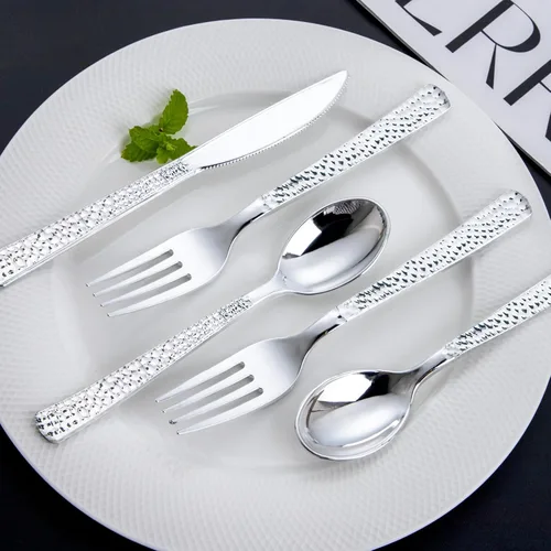Miniatura 5 de Nervure 300 cubiertos de plástico plateado – cubiertos de plata desechables – Los utensilios de plástico martillado incluyen 100 tenedores, 100