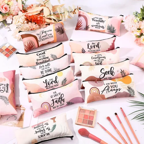 Miniatura 5 de Talltalk Paquete de 14 bolsas de maquillaje cristianas bohemias a granel, bolsas de cosméticos inspiradoras con versículos de la Biblia, regalos