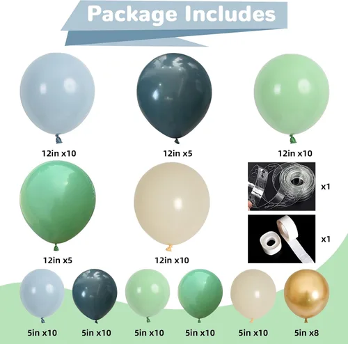 Miniatura 2 de HILAVO Kit de Arco de Globos Azul Polvoriento Verde Salvia Azul Pizarra Niebla Verde Pastel Blanco Arena Beige Dorado Guirnalda de Globos