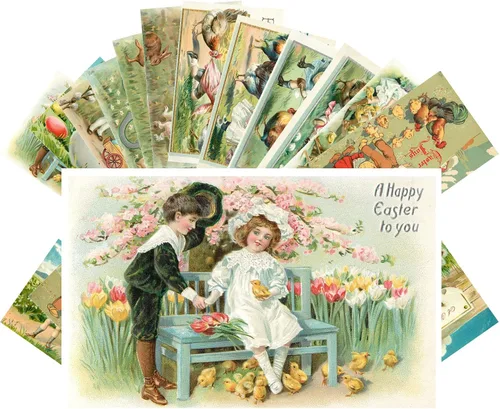 Miniatura 3 de PIXILUV Postales vintage (24 piezas de 4 x 6 pulgadas cada una) Flores de primavera de Pascua y encantadores niños tarjetas de notas vintage retro