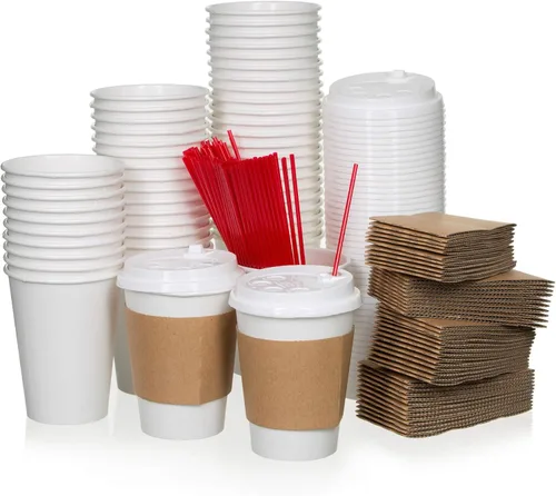 Miniatura 8 de Juego de tazas de café blancas – Paquete de 100 tazas de café desechables con tapas de 16 onzas, perfecto para bebidas calientes, expreso, latte