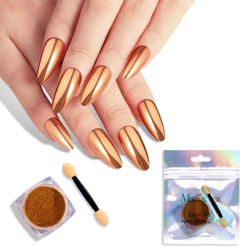 MelodySusie Polvo de uñas cromado champán para uñas de gel, pigmento metálico efecto espejo elegante y tecnológico, purpurina fina para uso casero