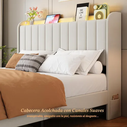 Miniatura 6 de Base de cama tamaño queen con cabecera de almacenamiento y 2 cajones, base de cama tapizada con luces LED y práctica estación de carga, no necesita