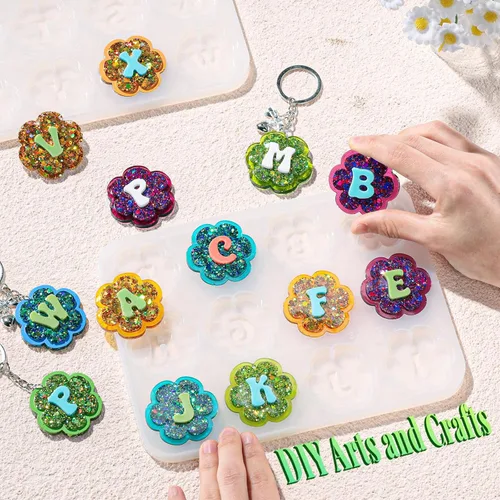 Miniatura 3 de LET'S RESIN Moldes de resina para llavero de silicona con agujero, 27 cavidades de flores, alfabeto, resina UV, kit de moldes para principiantes