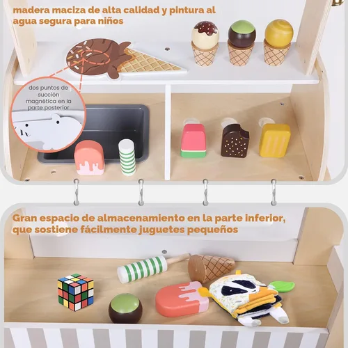 Miniatura 4 de Labebe Carrito de Helados de Madera para Niños, Camión de Helados para Niños Pequeños con Tirador, Juego de Simulación con Pizarra, Campanilla