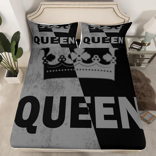 Miniatura 42 de Sábana bajera ajustable King Crown vintage negro y gris, sábanas románticas para el día de San Valentín, tamaño individual para mujeres, regalos