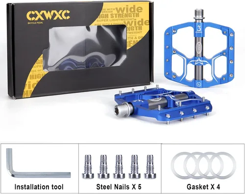 Miniatura 7 de Pedales de bicicleta de carretera/montaña – 3 rodamientos de 9/16 pulgadas de aleación de aluminio – Pedal de bicicleta de montaña con clavos Azul