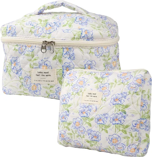 NATINSA Linda bolsa de maquillaje para mujeres (2 piezas), bolsas de cosméticos de viaje, bolsa organizadora de aseo acolchada coqueta con flores