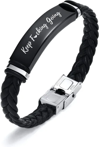 Miniatura 12 de Pulsera de cuero para hombre, regalo de sobriedad para hombre: cita inspiradora/versículo bíblico grabado, pulsera trenzada negra para hombre