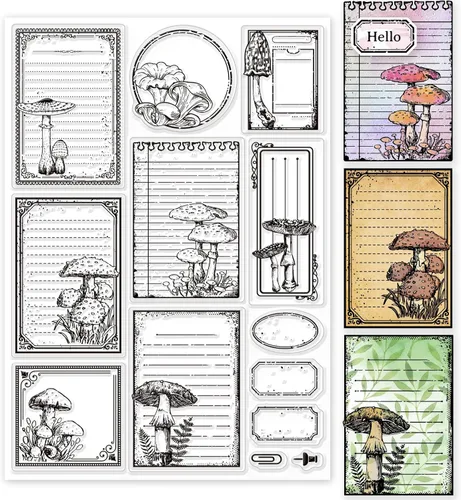 GLOBLELAND Notas de hongos vintage transparentes para álbumes de recortes, 8.3 x 5.9 in, borde de notas de hongo, sellos transparentes de silicona