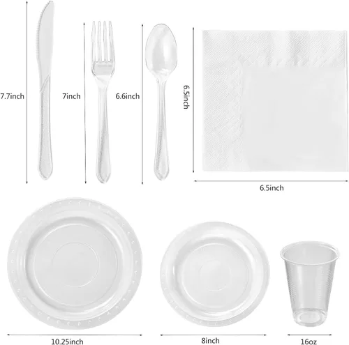 Miniatura 2 de FULING Juego de vajilla desechable de 175 piezas de suministros transparentes para fiestas, platos de plástico y servilletas de papel, tazas