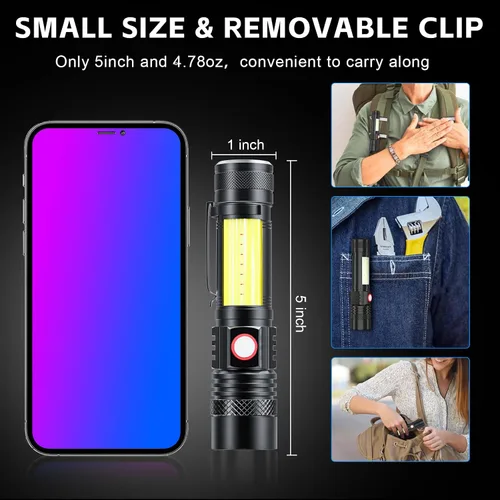 Miniatura 5 de ATDOALL Linterna LED recargable, linternas magnéticas USB con luz lateral de mazorca, pequeñas linternas tácticas, impermeable, zoomable, luz