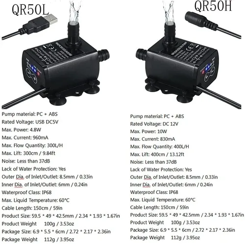 Miniatura 5 de Mini bomba de agua, mini bomba sumergible de 4 velocidades, bomba de agua de regulación de 4 velocidades, DC 12V USB 5V bomba sin escobillas (QR50H)