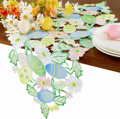 Miniatura 12 de Camino de mesa de Pascua, primavera, conejos, huevos, camino de mesa floral, bordado floral y conejos, huevos, bufanda, decoración de mesa