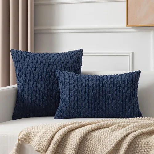 Miniatura 327 de K Kevin Textile - Juego de 2 fundas de almohada decorativas de corduroy suave azul con rayas estilo bohemio, fundas de almohada para sofá, cama