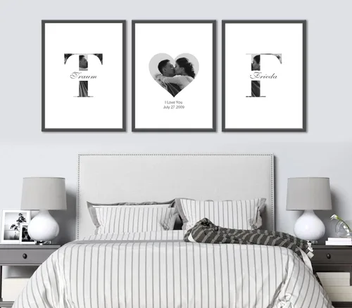Miniatura 2 de Impresiones en lienzo personalizadas con fotos de pareja y nombre, iniciales personalizadas con nombre y fecha especial, juego de 3 impresiones