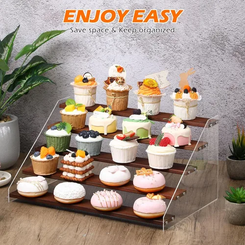 Miniatura 6 de Queekay Paquete de 4 soportes elevadores grandes de madera acrílica transparente de 5 niveles para eventos de proveedores, organizador de perfumes