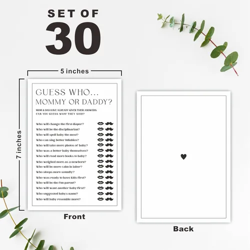 Miniatura 2 de Juego de 30 juegos de fiesta de baby shower de 5 x 7 pulgadas, minimalismo en blanco y negro, juego de mamá o papá para los deseos de los invitados