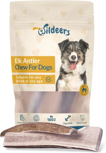 Wildeers Cuernos divididos para perros medianos, paquete de 2, fabricados en Estados Unidos, cuernos de alce de grado A, huesos masticables para
