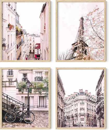 Miniatura 8 de HAUS AND HUES París - Juego de 4 pósteres de pared (rosa, 11 x 14), marco beige, decoración de dormitorio para niñas
