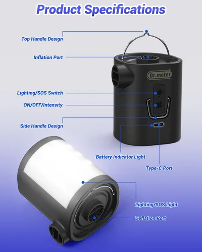 Miniatura 7 de Dr.meter Bomba de aire para inflables, bomba de colchón de aire recargable de 3600 mAh con luz de campamento de 4.8 kPa, inflado rápido, desinflado