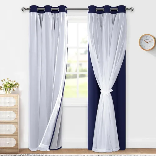 Miniatura 37 de XWZO Cortinas 100% opacas de doble capa para guardería, cortinas opacas con superposición transparente para dormitorio de niñas, cortinas