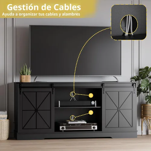 Miniatura 4 de Soporte de TV estilo granja para televisores de 65/60/55 pulgadas, centro de entretenimiento rústico con gabinetes de almacenamiento y puertas Negro