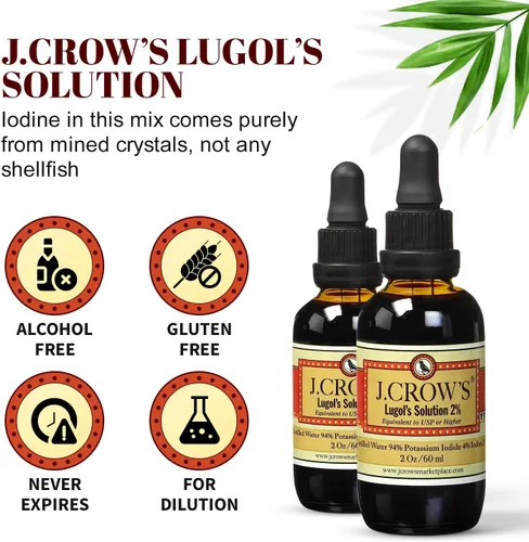 Miniatura 4 de J.CROW'S® Solución de Lugol de Yodo 2% 2 oz (2 Botellas) – Líquido Premium de Yodo y Yoduro de Potasio, Extracto Natural de Salmuera Libre de Gluten