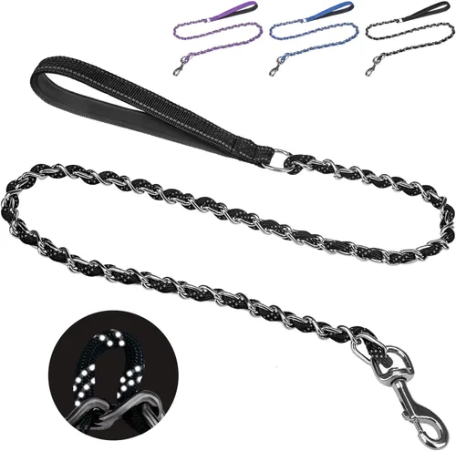 Miniatura 11 de HOMIMP Correa de perro a prueba de mordidas para perros medianos y grandes, correa reflectante de cadena de metal resistente de 6 pies con mango