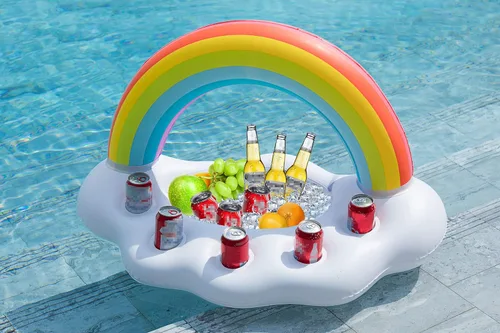 Miniatura 3 de Jasonwell Hielera inflable para fiesta en la piscina, soporte para bebidas de nube de arcoíris, Luau hawaiano tropical playa, temática