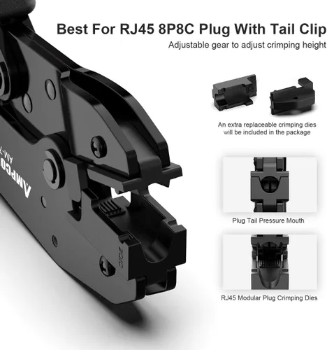 Miniatura 4 de AMPCOM Crimpadora de trinquete RJ45 de un solo paso para conector blindado Cat6A, Cat7