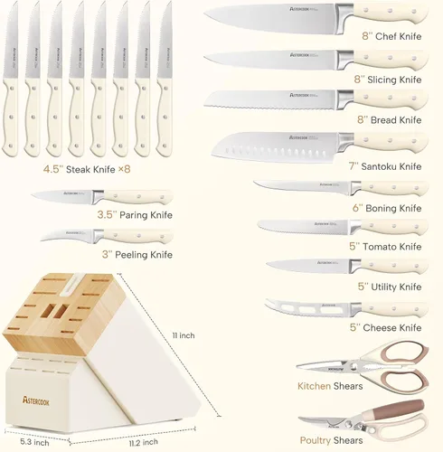 Miniatura 5 de Astercook Juego de cuchillos de cocina con bloque, 22 piezas, cuchillos de acero inoxidable de espiga completa con afilador, aptos para lavavajillas