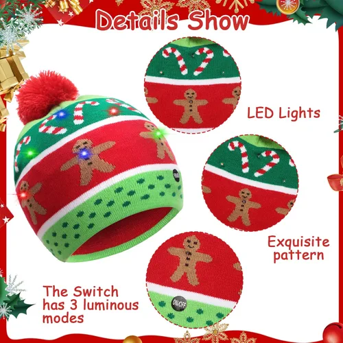 Miniatura 3 de SATINIOR 4 piezas de luces de Navidad, gorro de punto, gorro de Navidad con luces LED, sombrero de nieve LED, novedoso sombrero de invierno