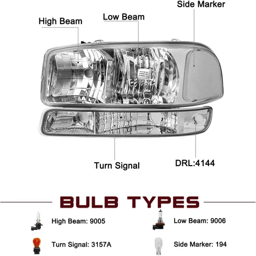 Miniatura 2 de JSBOYAT 4 PCS Compatible con 99-06 GMC Sierra 1500 2500 3500 Conjunto de Faros Delanteros de Reemplazo con Bombillas 00-06 GMC Yukon/Yukon XL