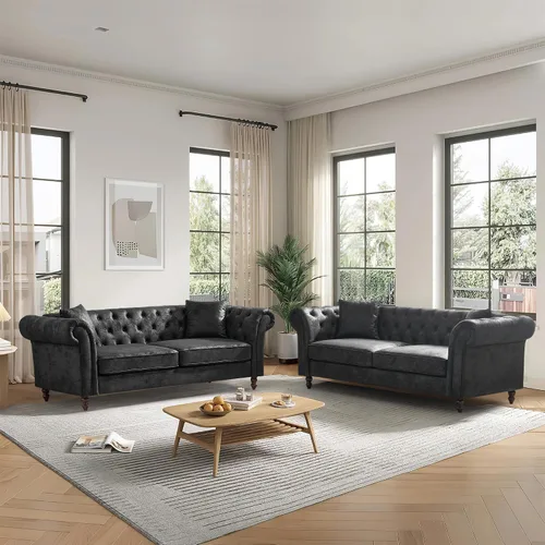 Miniatura 13 de Chesterfield Tech - Sofá biplaza de tela de 66 pulgadas, tapizado de tela de alta tecnología, con brazos enrollados, moderno de mediados de siglo