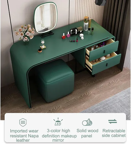 Miniatura 6 de Moderno escritorio de tocador con piel sintética, tocador de maquillaje con cajones y armario lateral ajustable, tocador con espejo de luz de 3