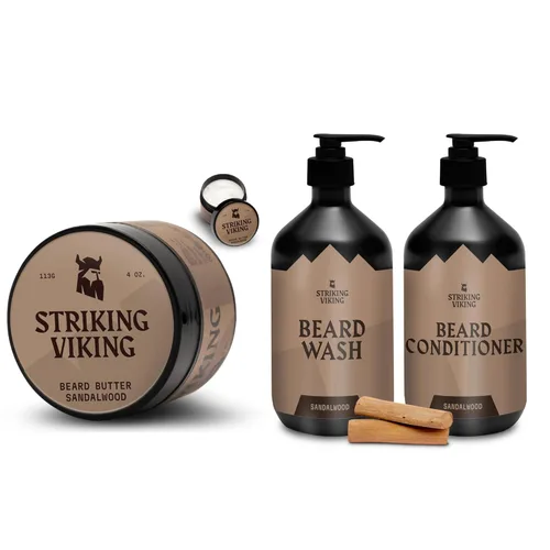 Striking Viking Juego de jabón y acondicionador de mantequilla para barba (4 onzas) de sándalo y barba (10 onzas) de sándalo