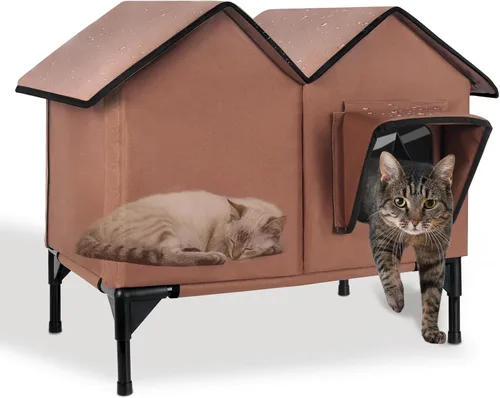 Miniatura 9 de Casa climatizada para gatos en invierno exterior, casa para gatos climatizada extra grande, resistente a la intemperie, cama elevada, puerta