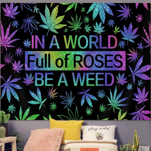 Miniatura 4 de GOAOK Tapiz de hierba trippy, hojas de cannabis psicodélicas frescas y citas divertidas para dormitorio y sala de estar, 60 x 40 pulgadas