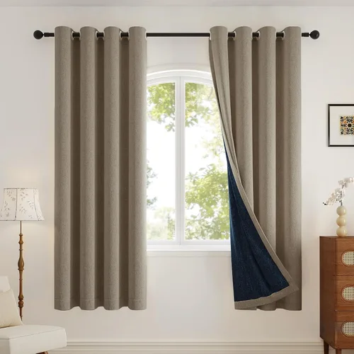 Miniatura 22 de Rinwoc - Cortinas 100% opacas gruesas y suaves de 2 paneles para dormitorio, aspecto de lino texturizado, bloqueo total de luz, cortinas