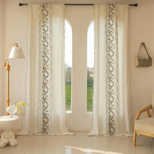 Miniatura 20 de BHUSB Cortinas rústicas para sala de estar de 63 pulgadas de largo, cortinas de ventana de lino y algodón con estampado floral bohemio, cortinas